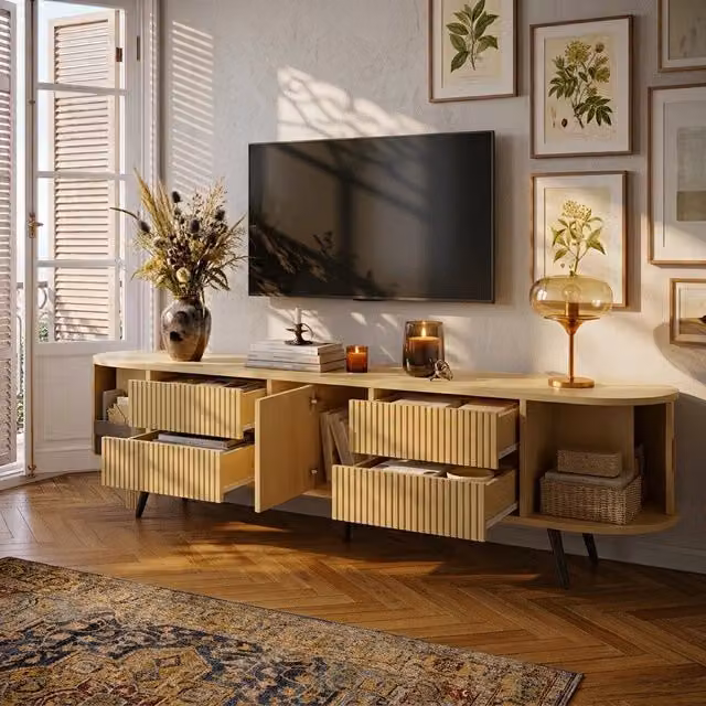 Mobile TV Ovale 180x40x45 cm, Legno, Design a Strisce Verticali, 4 Cassetti e 1 Armadio con Ante a Rullo, per TV fino a 80 Pollici