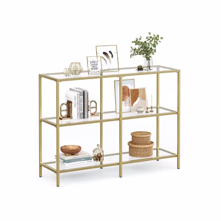 Tavolo Console Moderno in Vetro a 3 Livelli | VASAGLE, Oro Metallico + Trasparente / 30 x 100 x 73 cm