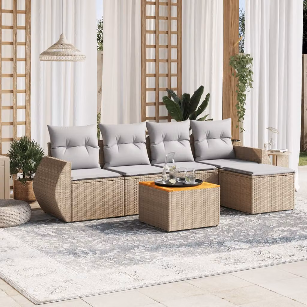 vidaXL Set Divano da Giardino a L in Polyrattan Beige con Cuscini e Tavolino da 6 Pezzi – 1