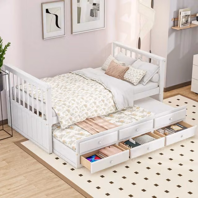 Letto singolo estraibile OKWISH in pino massiccio bianco con 3 cassetti, L/P/H: 90 x 200 x 96 cm