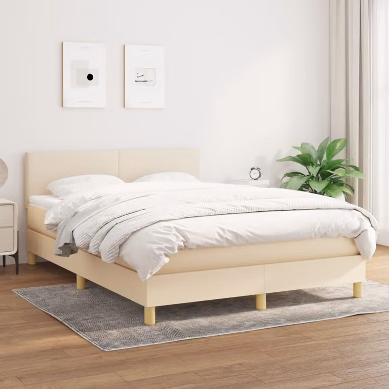 vidaXL Letto Ibrido con Giroletto a Molle e Materasso in Tessuto Beige e Bianco, L/P/H: 144 x 190 x 88 cm