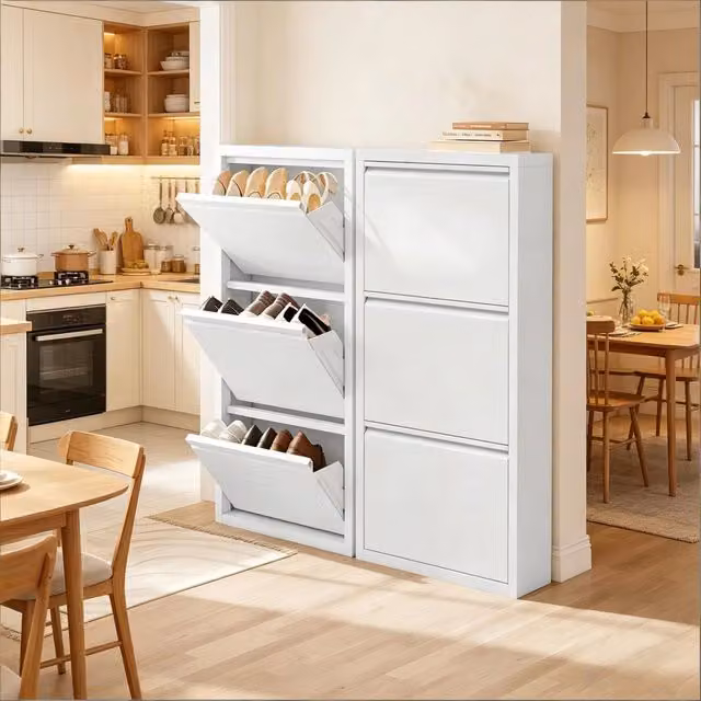Set di 2 scarpiere moderne in metallo bianco opaco con ante a ribalta per ingresso, montaggio a parete