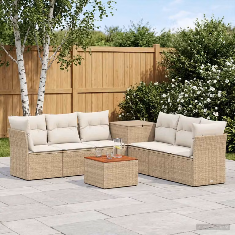 Set di divani da giardino vidaXL in polyrattan beige e bianco crema con tavolo da caffè e cuscini inclusi