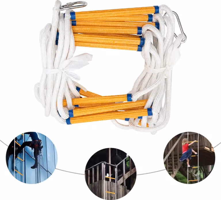 Scala di salvataggio - Scala antincendio - Lunghezza 12 m - Capacità di carico 200 kg - Montaggio sospeso - Acciaio al manganese e resina - Per casa e ufficio - Blu/bianco/giallo