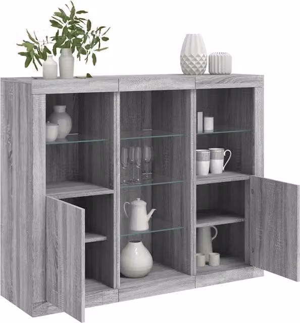 Credenze con Luci LED 3 pz Grigio Sonoma in Legno Multistrato 3209126