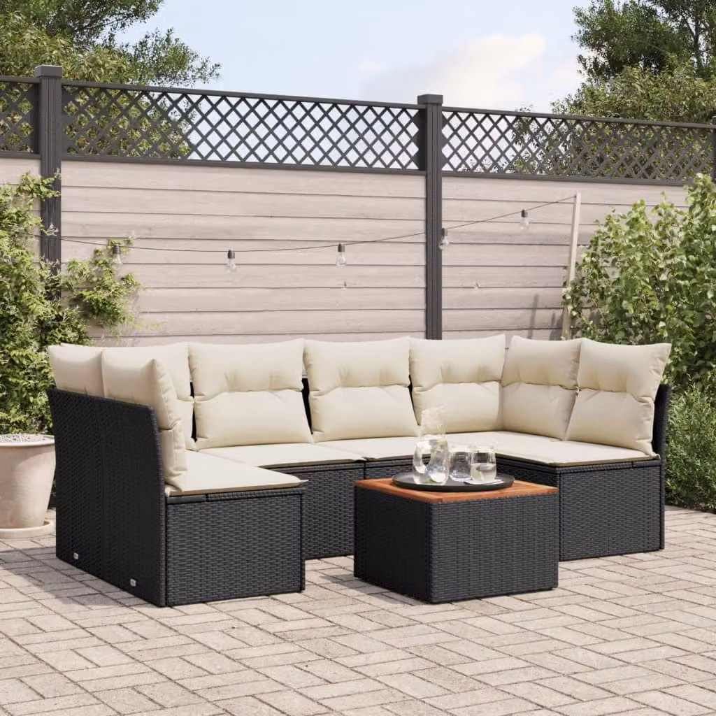 vidaXL Set Divani da Giardino a L con Cuscini 7pz in Polyrattan Nero e Tavolino da Esterno – 1