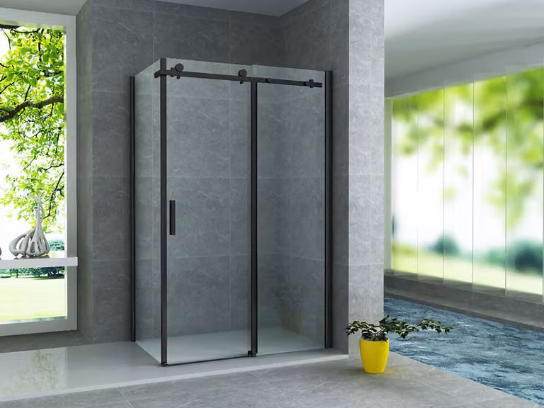 Cabina doccia Aloni con porta scorrevole, finitura nera opaca, vetro da 8 mm, dimensioni 90x140x195 cm