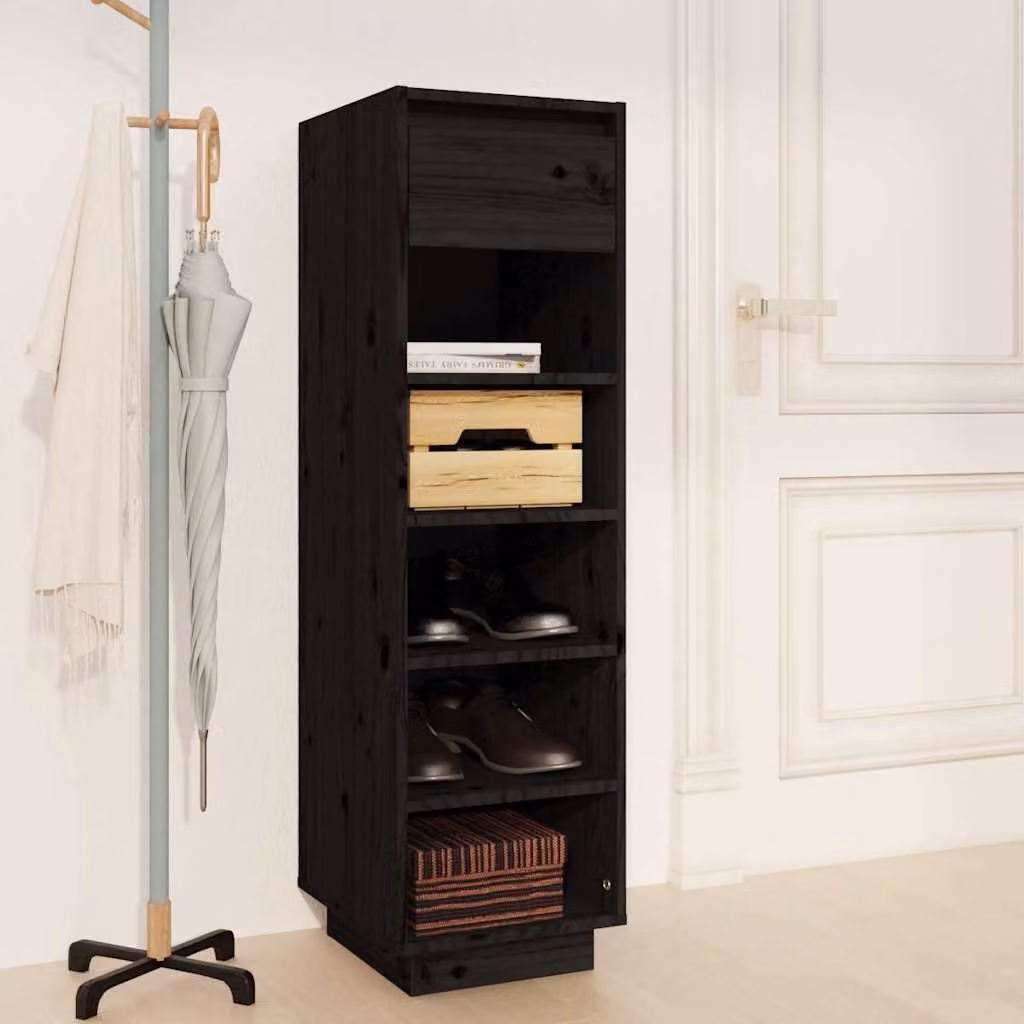 Scarpiera moderna vidaXL in legno di pino nero con ante e ripiani, L/P/H: 30 x 34 x 105 cm