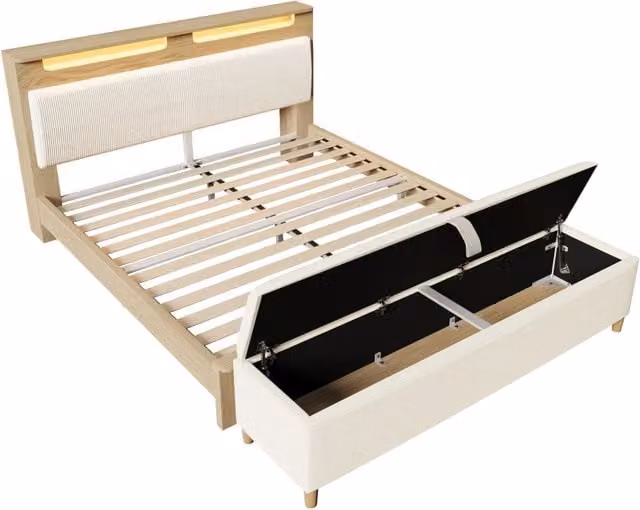 Letto matrimoniale 160×200 cm con LED, testiera con ripiani e panca contenitore, materasso incluso, legno, beige