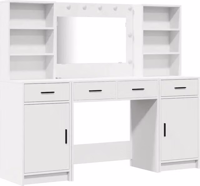 Set da Toeletta | Tavolo da Trucco con LED 3 pz Bianco Legno multistrato