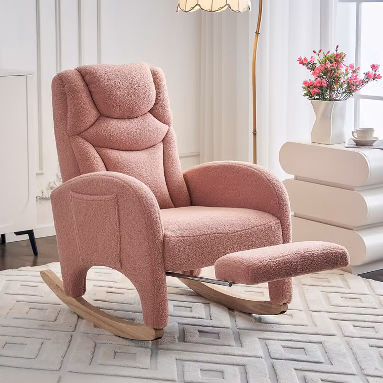 Sedie a dondolo AIORBER, tessuto orsetto, morbido, struttura in legno, imbottite, portata 110 kg, reclinabili, per soggiorno, camera da letto, 66x125x101cm, rosa