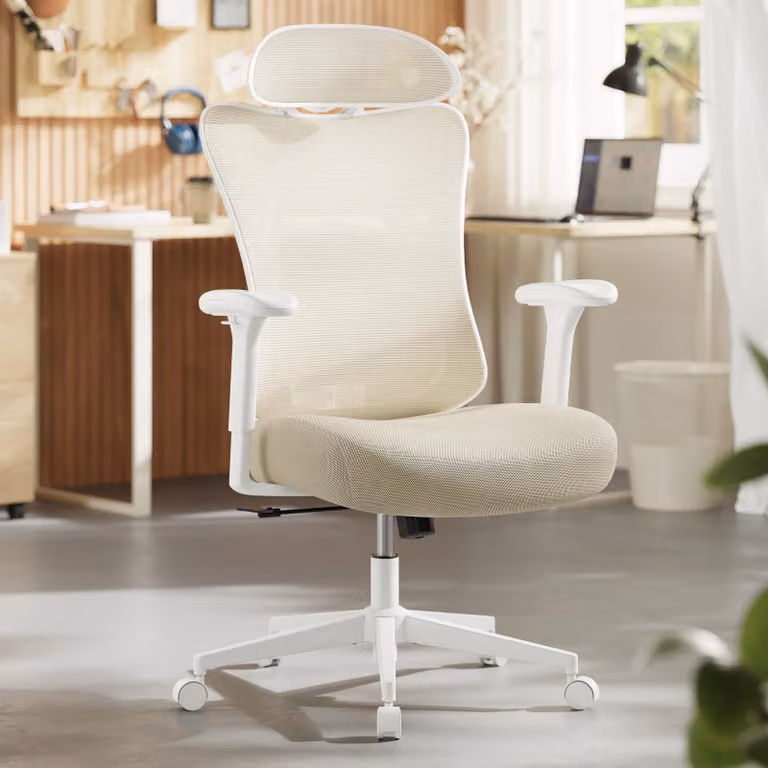 SONGMICS Sedia da ufficio, sedia da scrivania ergonomica, sedia da computer, sedia a rete, supporto lombare e poggiatesta regolabili, regolabile in altezza, beige