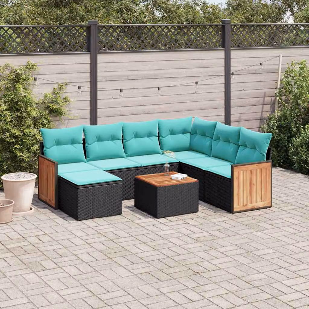 Set di divani da giardino vidaXL in polyrattan nero con 8 pezzi, compresi cuscini e tavolino da esterno