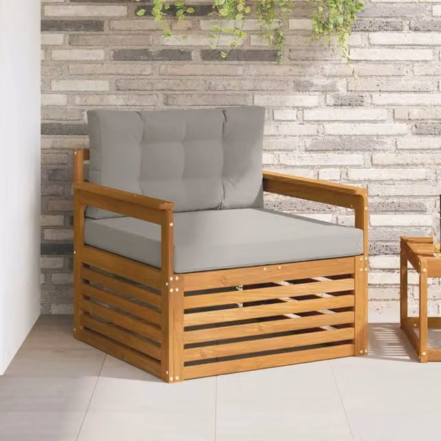 Divano da esterno moderno in legno di acacia massello e poliestere grigio con cuscini inclusi L: 140 cm, P: 79 cm, H: 73 cm