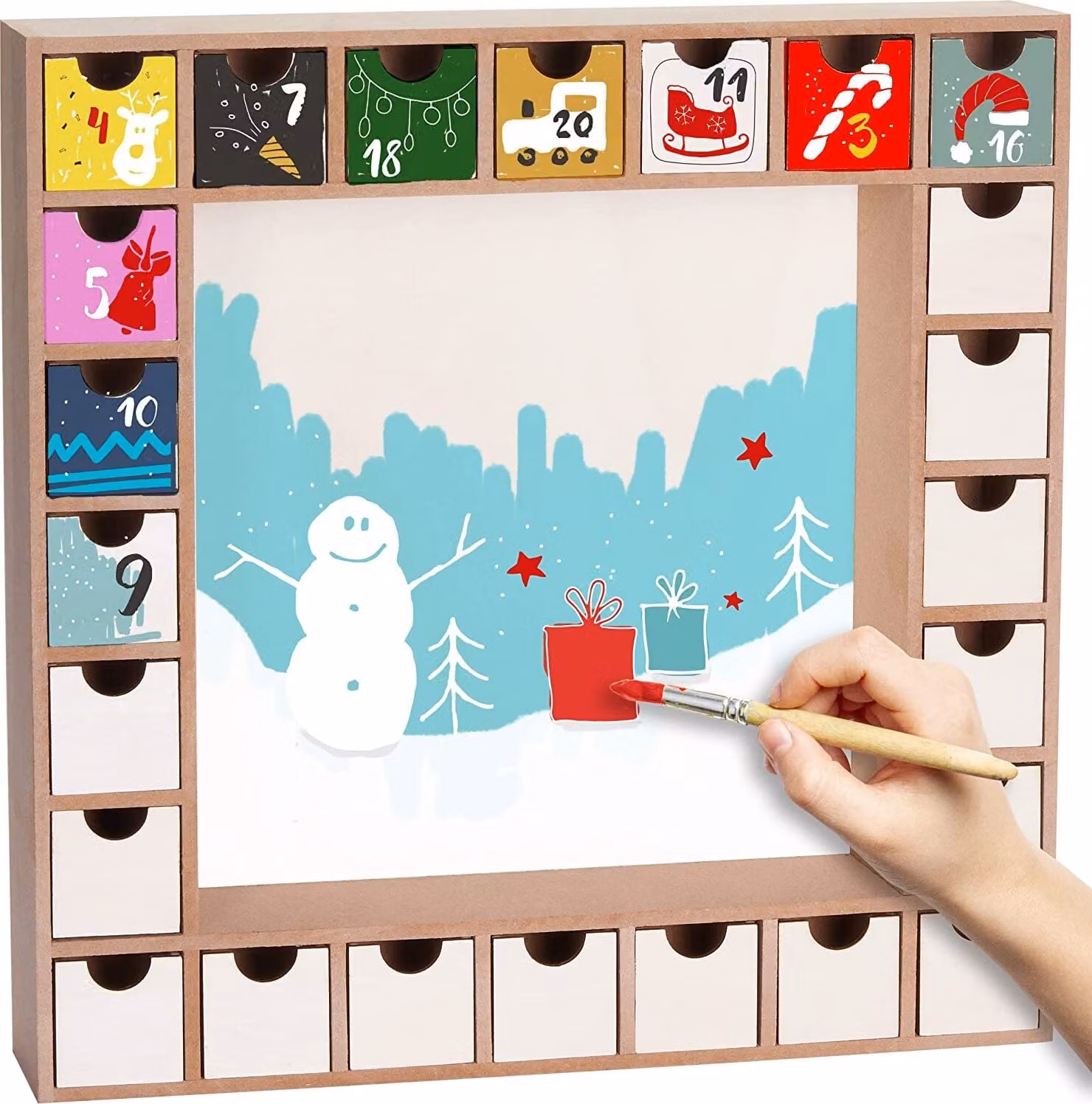 BRUBAKER Calendario dell'Avvento riutilizzabile da riempire con 24 cassetti - Calendario natalizio fai-da-te da colorare, decorare e disegnare da soli - vuoto - alto 33 cm