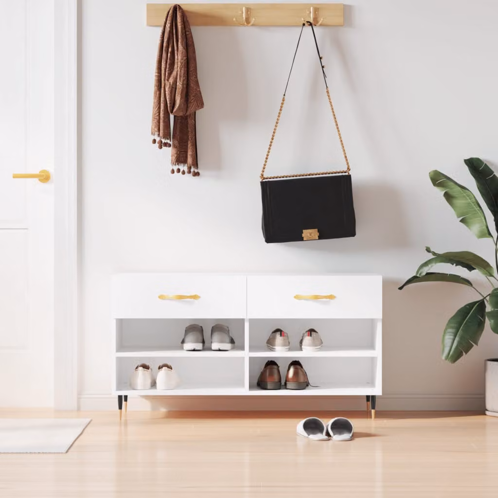 Panca porta scarpe vidaXL in legno multistrato bianco lucido L 102 cm x P 35 cm x H 55 cm