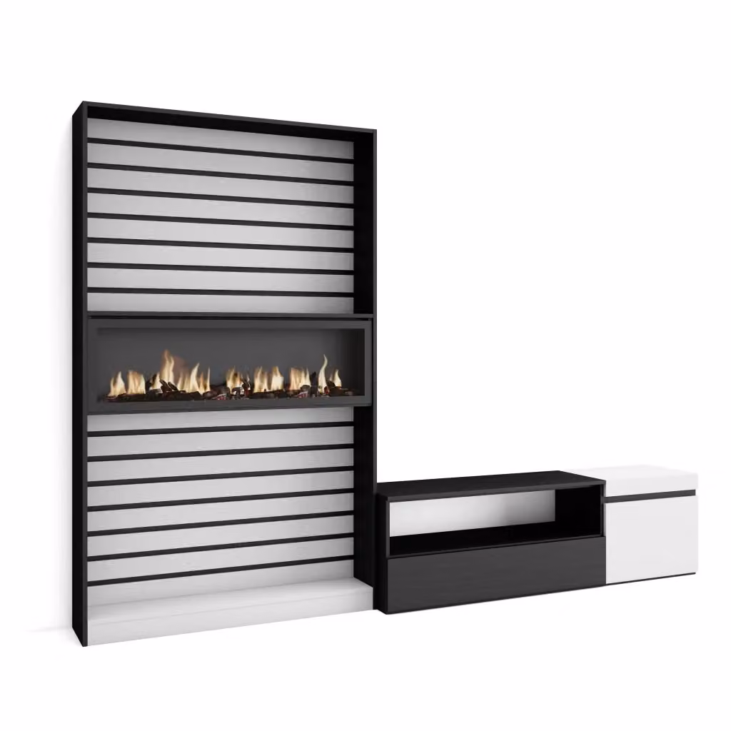 Mobile TV per soggiorno Skraut Home con camino elettrico, Bianco e nero, L: 260 cm, P: 35 cm, H: 186 cm – 2