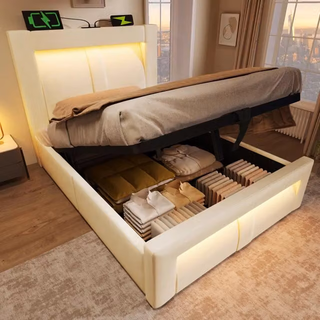 Letto singolo 90x200 cm con contenitore; LED; prese USB e Type-C; velluto beige; con materasso