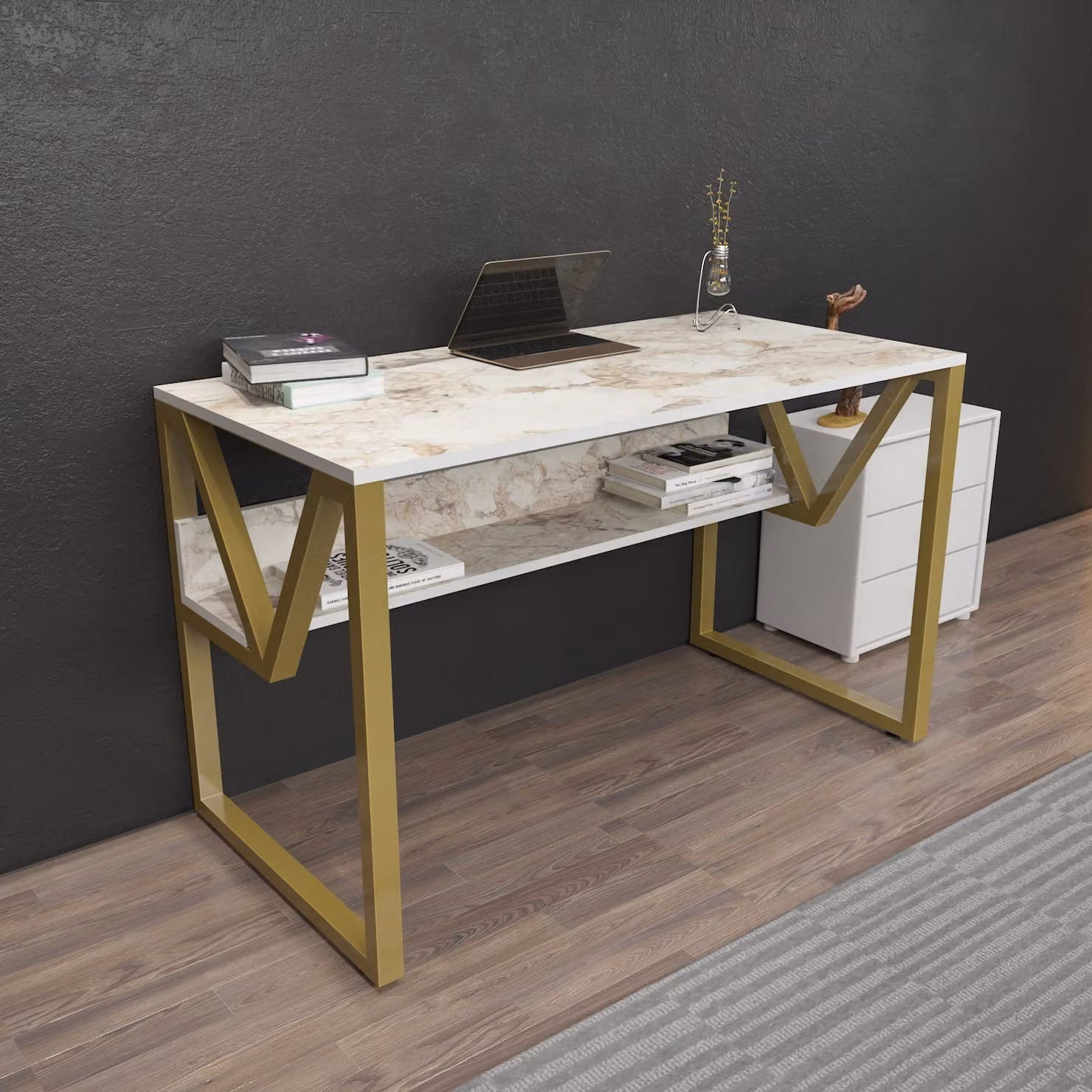 Skye Decor, Lona - Bianco, Oro, Scrivania, Bianco, 100% PANNELLI DI PARTICELLE RIVESTITI IN MELAMMINA, 120 x 60 x 72,8 cm