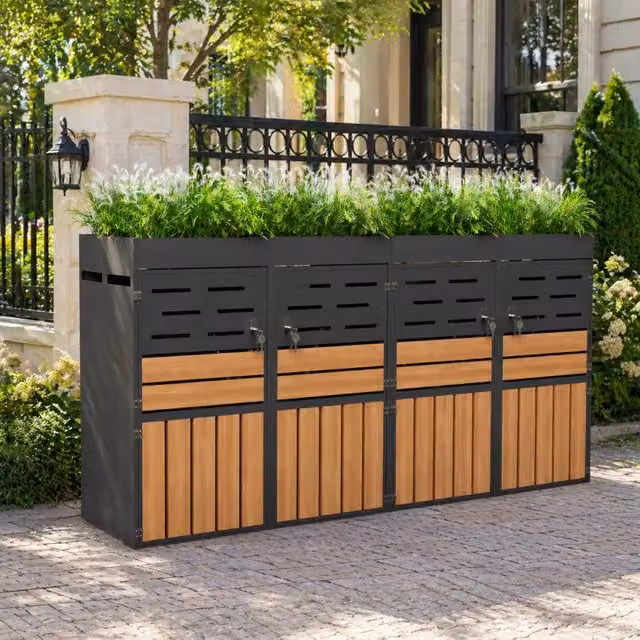 Armadio esterno multifunzione con fioriera integrata, 4 scomparti separati, ventilazione a lamelle, telaio in acciaio zincato e catena di sicurezza. Per deposito e decorazione giardino (senza cestino)