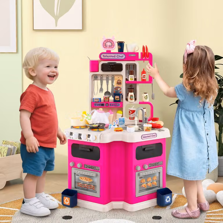 Cucina da gioco angolare Costway in legno con 75 accessori, suoni e luci per bambini, colore rosa