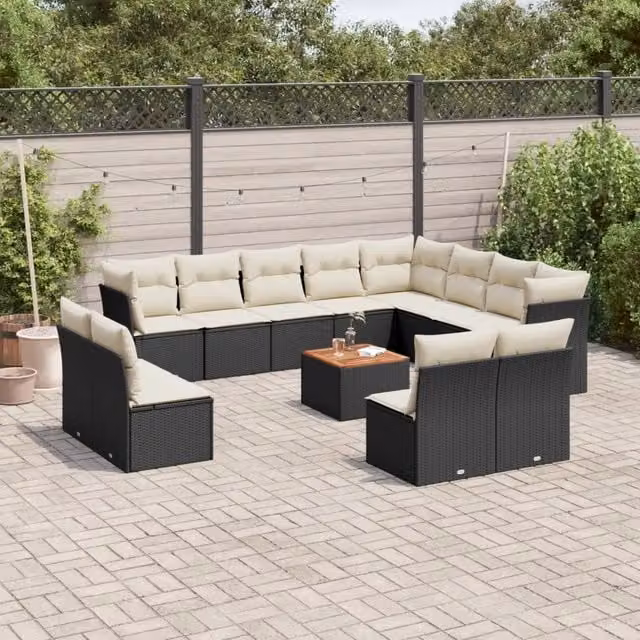 Set di divani da giardino vidaXL a forma di U in polyrattan nero con cuscini e tavolino da esterno – 1