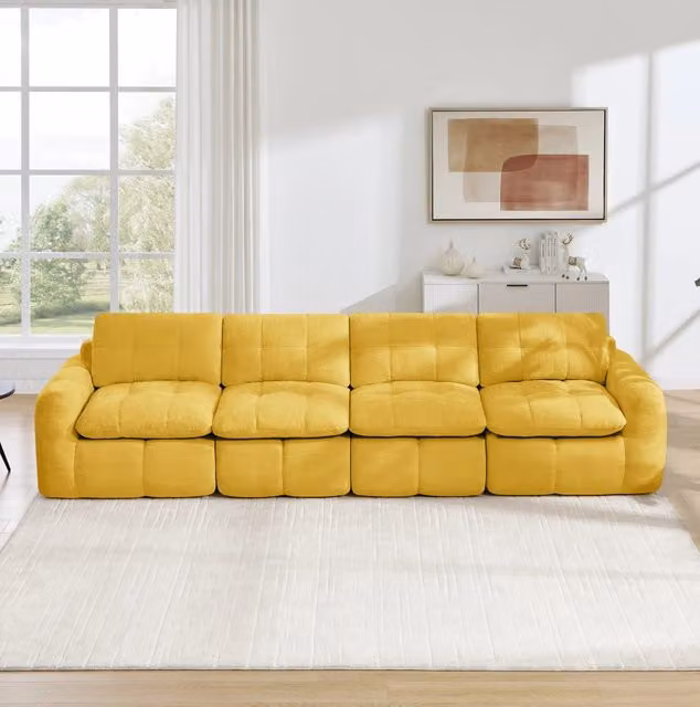 Divano modulare 4 posti in chenille giallo; 334x97x68 cm; seduta ampia e profonda