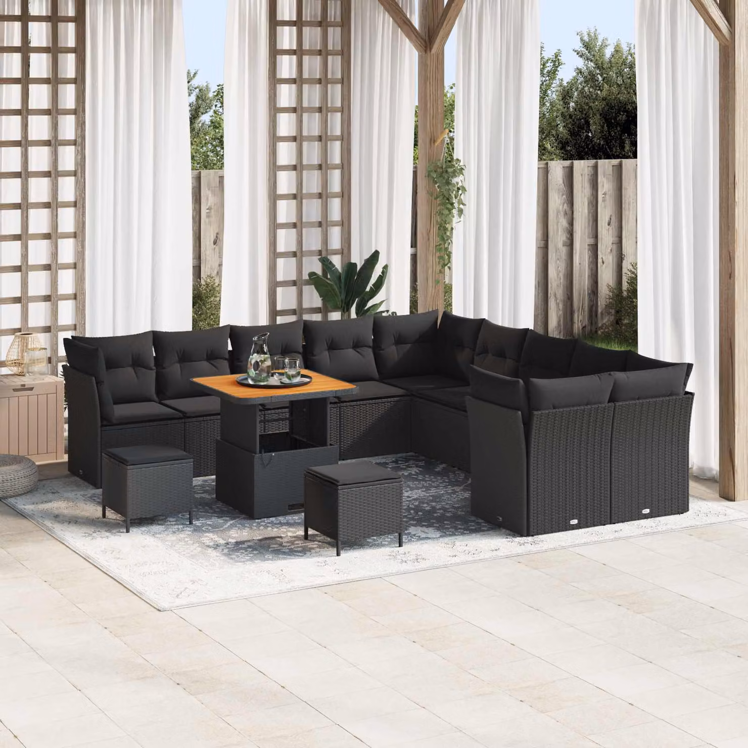 Set Divano da Giardino vidaXL a Forma a U in Polyrattan Nero con Cuscini e Tavolino da Esterno – 1