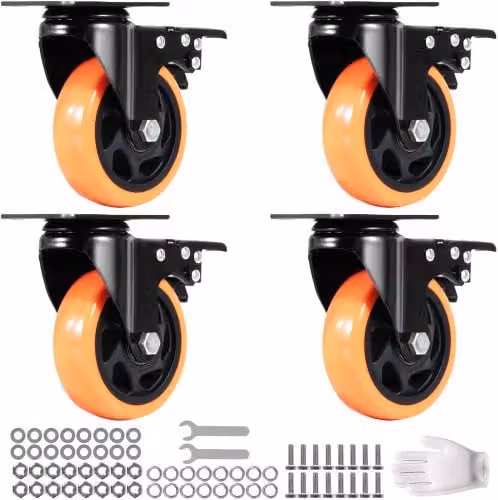 Set di 4 ruote girevoli VEVOR in PVC arancione con freno di bloccaggio, diametro 101,6 mm, capacità di carico 159 kg per carrelli e banchi da lavoro