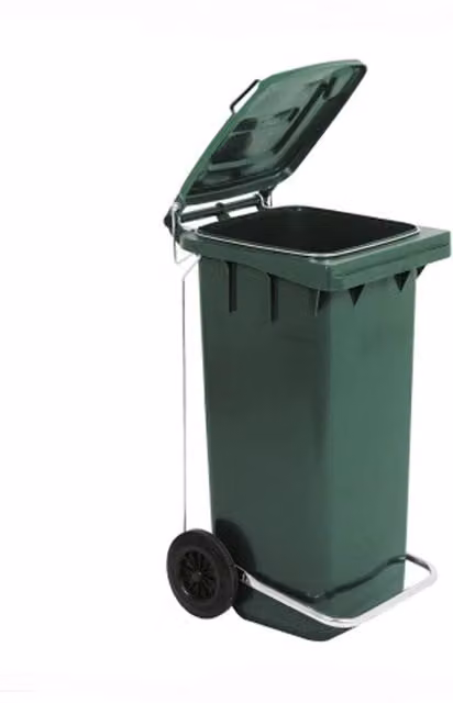 Bidone per raccolta differenziata carrellato Mobil Plastic verde da 240 litri con pedale e aste in plastica