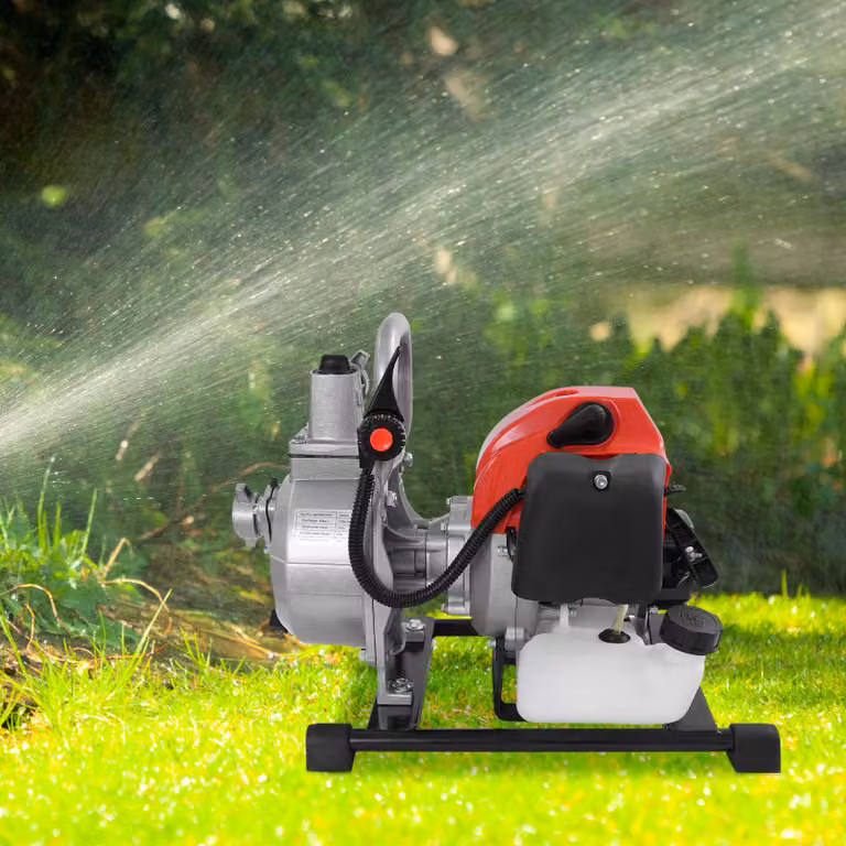 Pompa per acqua a due tempi, alimentata elettricamente - Potenza: 1250 W - Cilindrata motore: 43 cc - Materiali: alluminio, plastica, metallo - Adatta per irrigazione e drenaggio