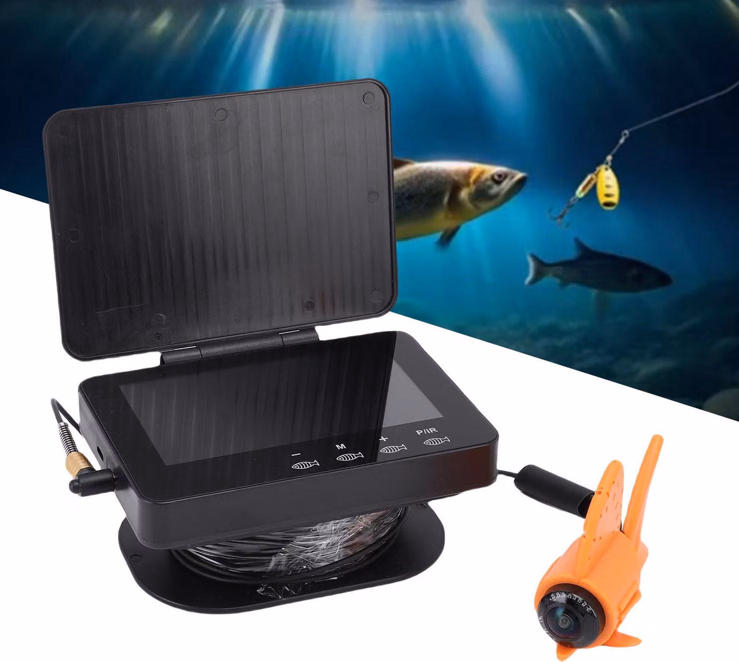 Ecoscandaglio subacqueo, schermo da 4,3 pollici, 1080P, 5 MP, grandangolo da 195°, alta luminosità, fotocamera multifunzione, arancione