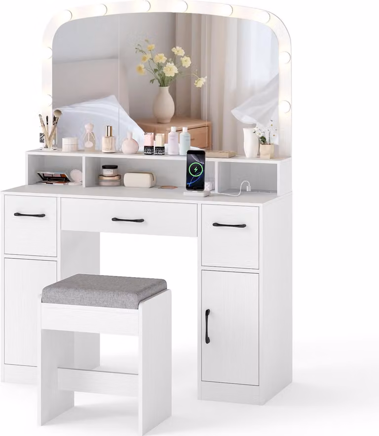 Set tavolo da trucco COSTWAY con sgabello per il trucco, specchio LED a 3 colori, stazione di ricarica, 3 cassetti e 2 armadietti, tavolo cosmetico 108x40x149cm