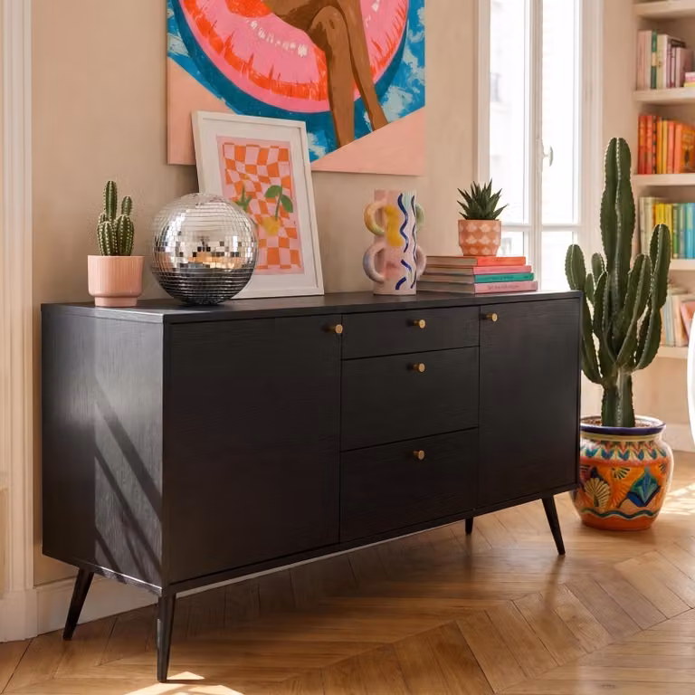 Credenza di design in legno scuro con 2 ante e 3 cassetti nero - Oviala Milo