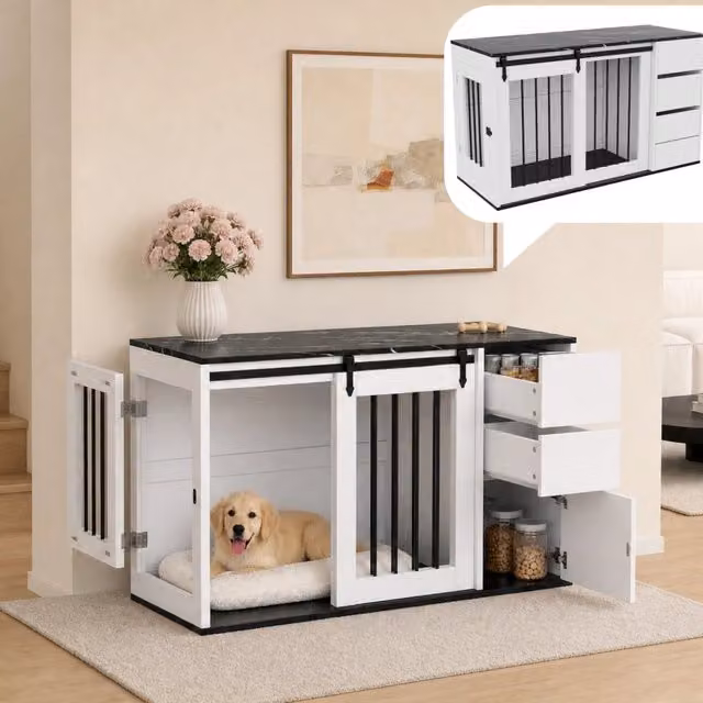 Tavolino da caffè Minimal 2 in 1 con box per cani, bianco effetto marmo e nero, L: 140 cm, P: 60 cm, H: 87 cm – 1