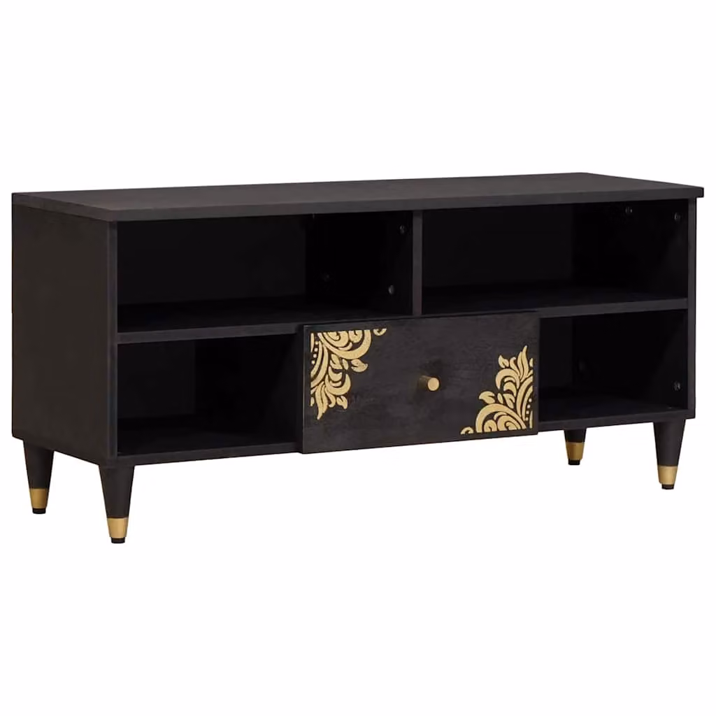 Mobile TV vidaXL moderno in legno di mango nero e oro L/P/H: 100 x 33 x 46 cm