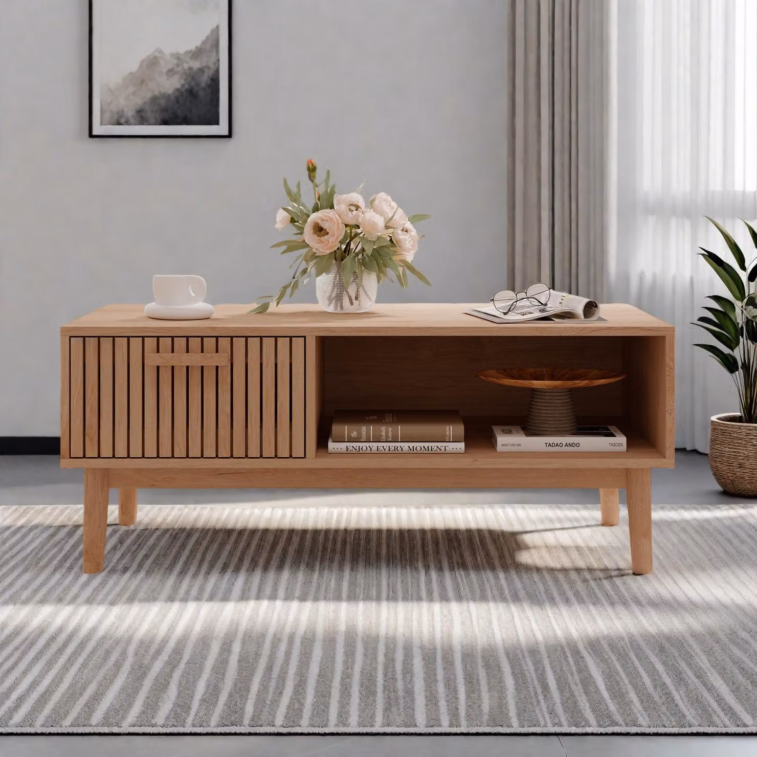 Tavolino in rattan ProximaX con vano portaoggetti e cassetto | Tavolo da soggiorno in legno da 100 cm in colore naturale | Tavolo da divano con vano portaoggetti