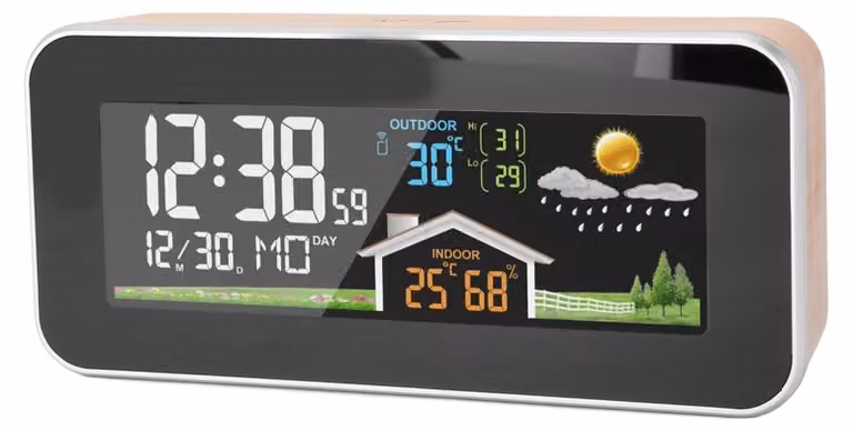 Stazione meteorologica in legno con display LCD a colori, sveglia e sensore