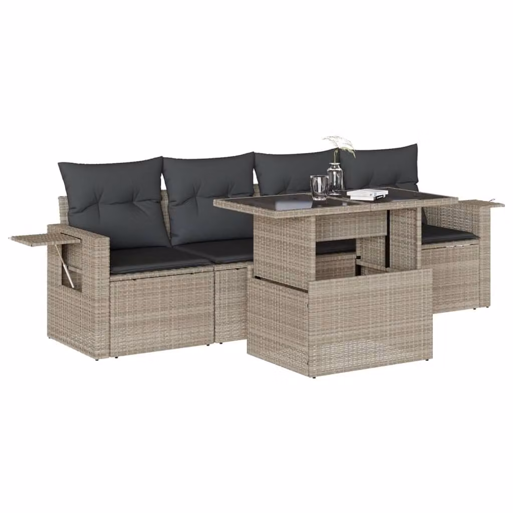 Set Divano da Giardino 5pz con Cuscini Grigio Chiaro Polyrattan