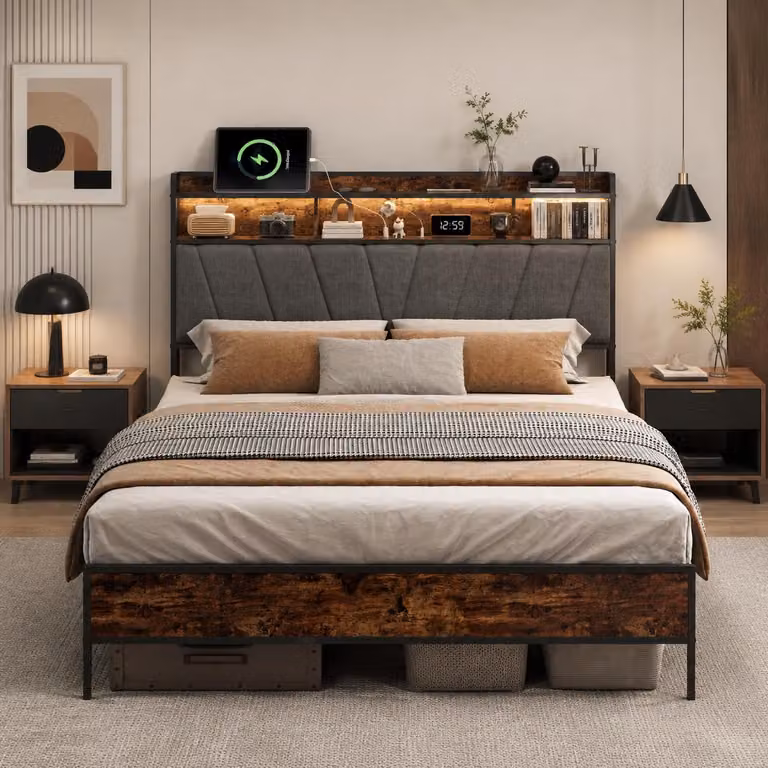 Letto matrimoniale in metallo INONEFT, 160x200 cm, con testiera e spazio contenitore, letto imbottito con illuminazione LED e funzione di ricarica USB, struttura del letto con rete a doghe, colore: grigio