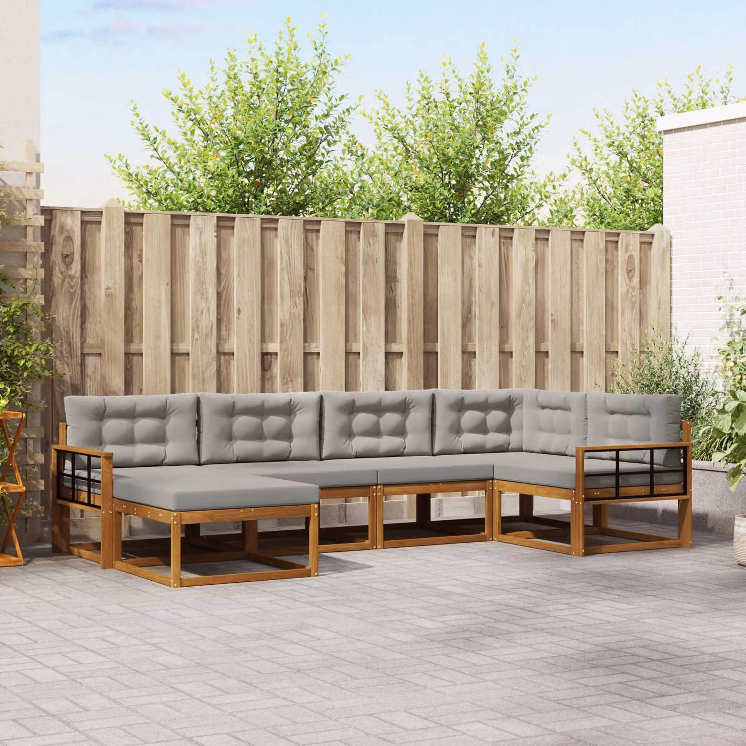 vidaXL Set di divani da esterno a L composto da 6 pezzi in legno di acacia con cuscini, colore beige e grigio
