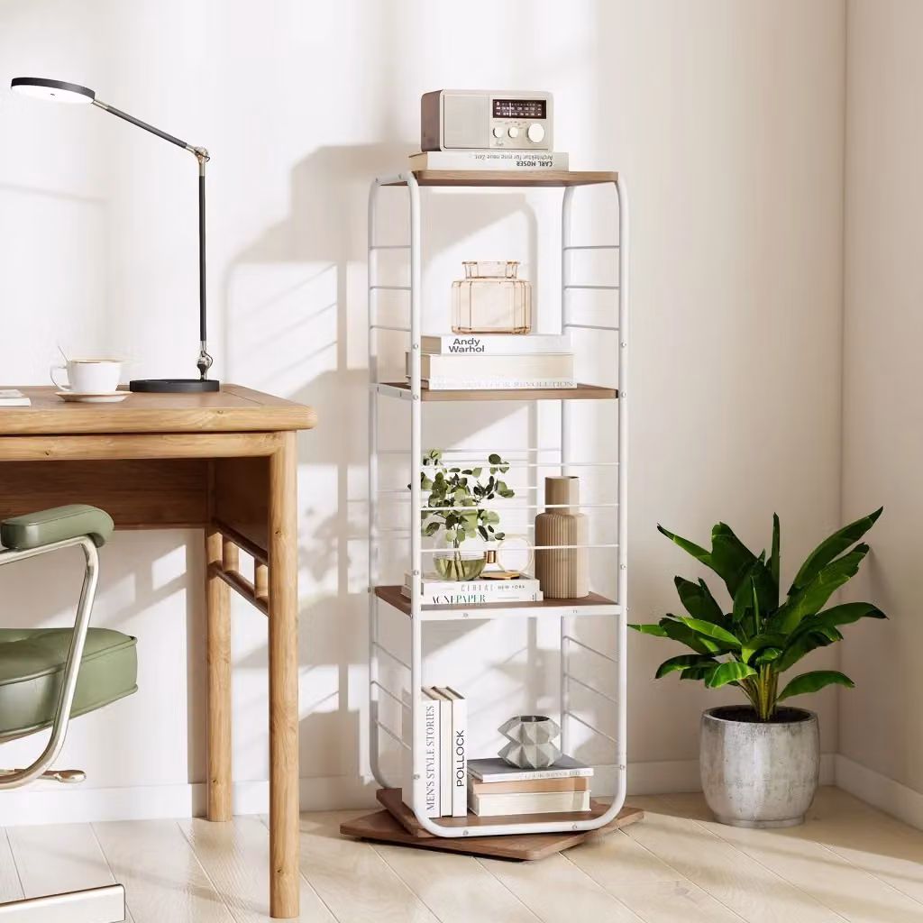 Libreria girevole a 4 ripiani con rotazione a 360 gradi in metallo e MDF, Espositore compatto salvaspazio bianco per casa, ufficio e soggiorno, H: 115 cm, L: 40 cm, P: 40 cm – 2