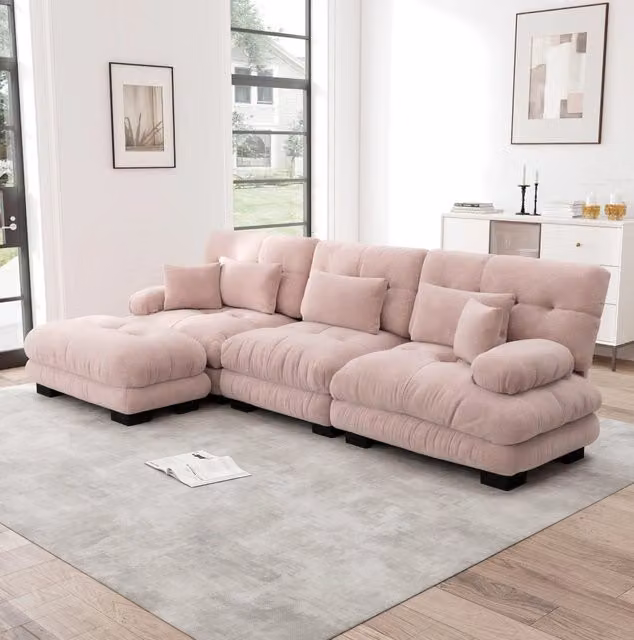 Divano modulare con pouf mobili in ciniglia rosa