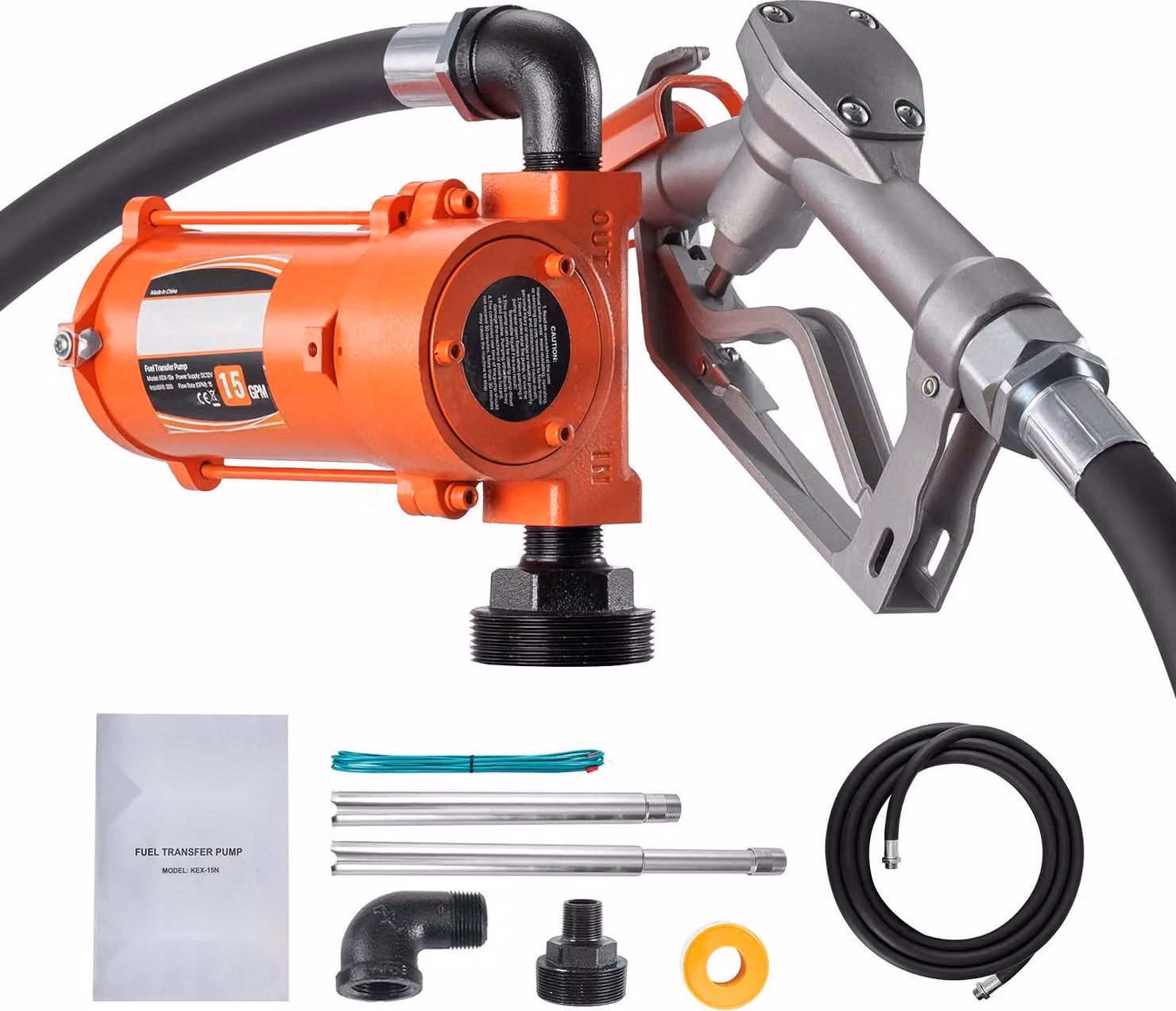 Pompa di trasferimento carburante - Pompa diesel 12 V CC - Portata 57 l/min - Alloggiamento in ghisa - Pistola di erogazione manuale - Tubo di trasferimento - Protezione contro il surriscaldamento - Per diesel/benzina/cherosene