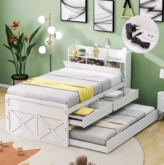 Letto singolo in legno massello di pino 90x190 cm con cassettiera estraibile, comodino con USB, rete a doghe e letto estraibile, bianco/grigio