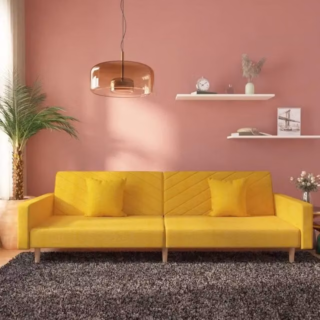 Divano Letto a 2 Posti con 2 Cuscini-Sofa Letto 2 Posti-Daybed Giallo in Tessuto 130556