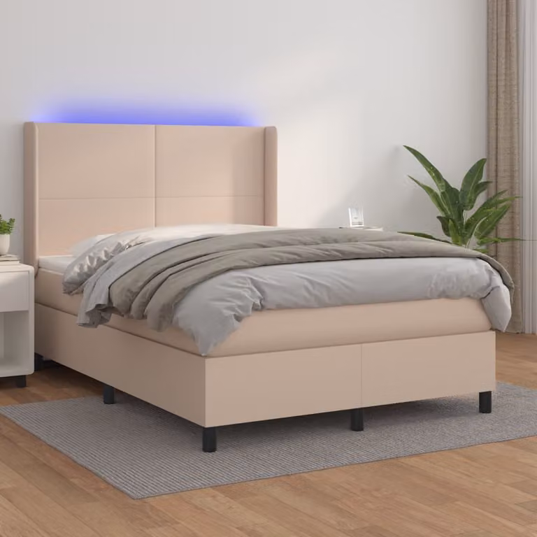 vidaXL Letto con Giroletto a Molle e Materasso Ibrido con LED e Porte USB, Colore Cappuccino, L/P: 140 x 190 cm