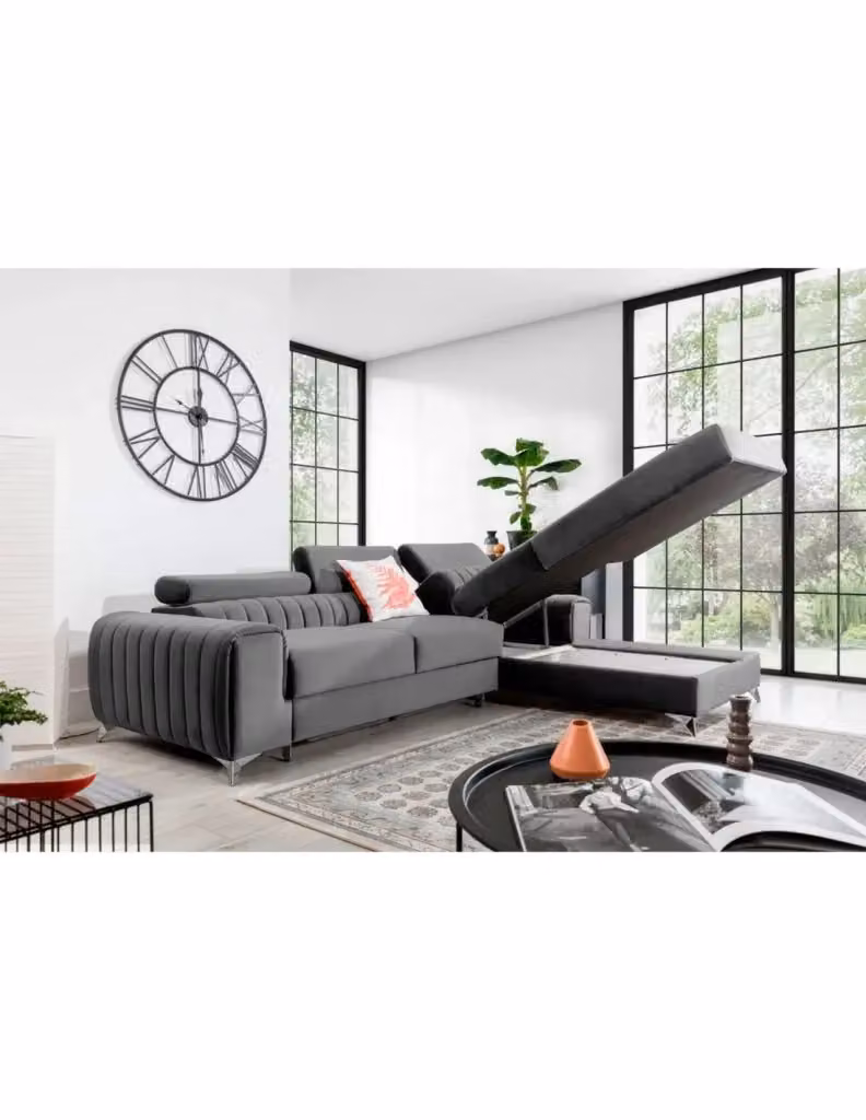 Divano ad angolo destro JAYSON MEUBLORAMA Grigio, modello moderno con funzione letto, poggiatesta regolabile e contenitore, L 278 cm x P 205 cm x H 92 cm – 2