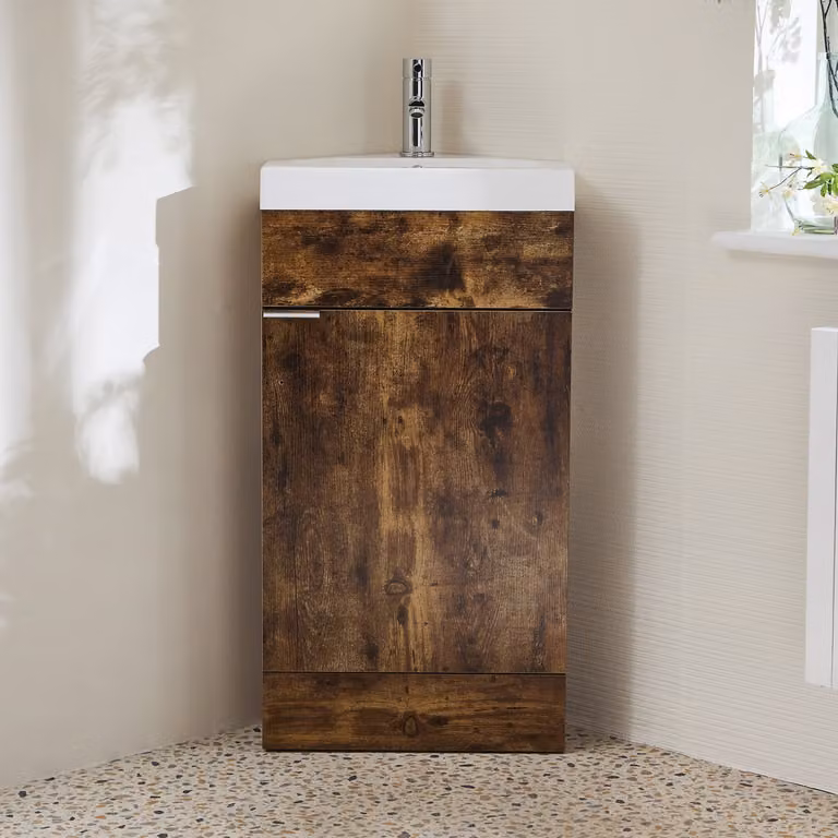 Mobile Bagno a Terra Angolare Rovere Scuro da 450mm con Lavabo e Maniglia con Impugnatura a Dito Cromata - Cluo
