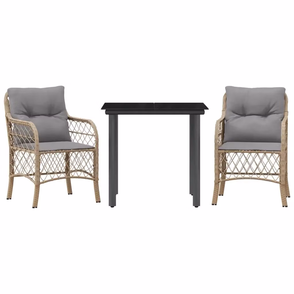 Set da Bistrò vidaXL 3 pz in Polyrattan con Cuscini Beige e Piano in Vetro per Giardino e Balcone – 2